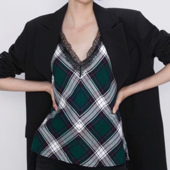 Zara NWT Plaid Lace Camisole Small Green Red Black Tank - Picture 5 of 13